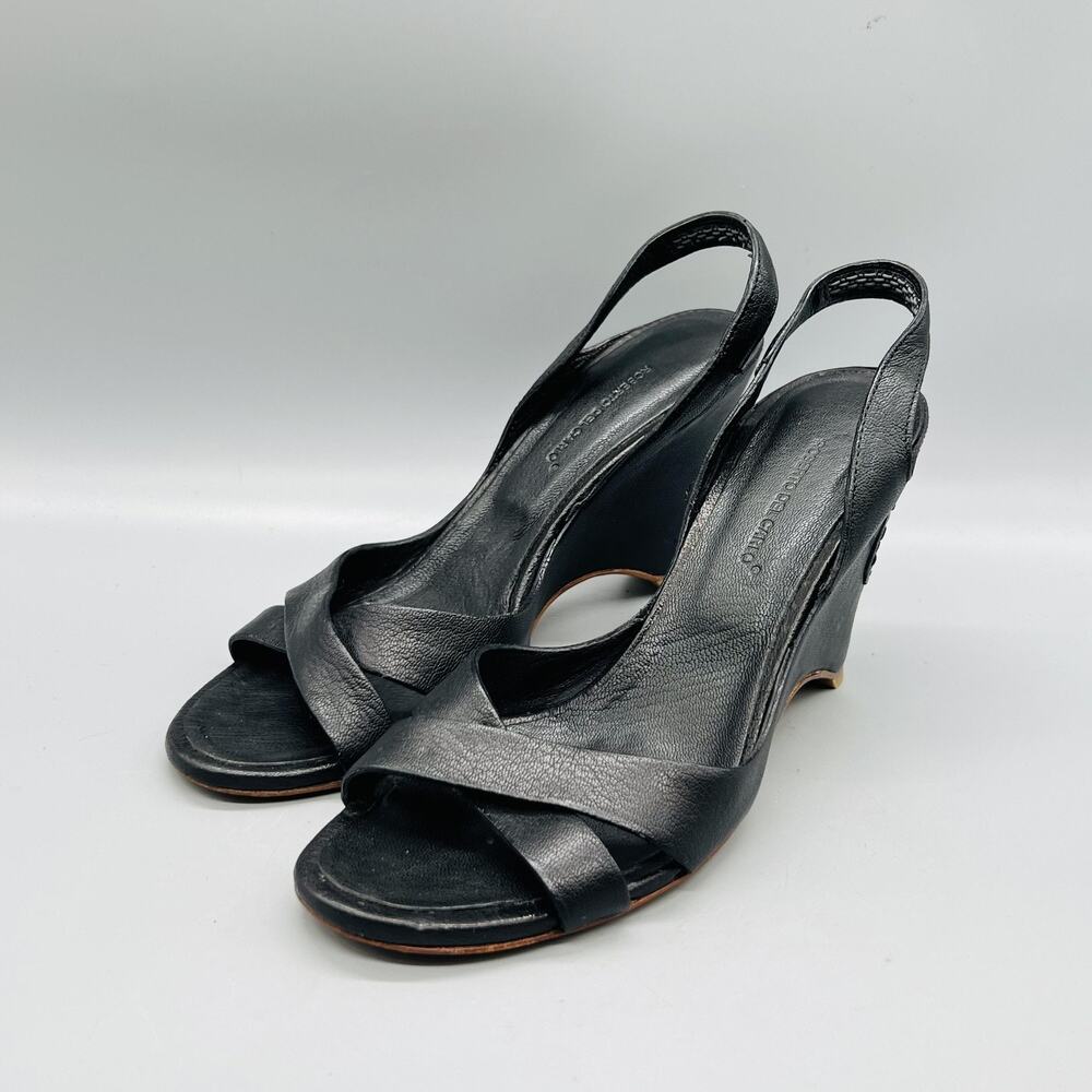 Roberto Del Carlo Sandals Womens 6.5 Black Leather Slingback Wedge Heel Shoes - Picture 3 of 11